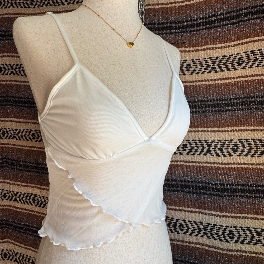 White Sheer Mesh Cami Top Womens Small Layered V-Neck Lettuce Edge Fairycore